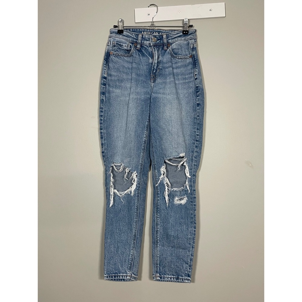 American Eagle Mom Jean Womens 0 Blue Excellent Distressed High Rise Strigid